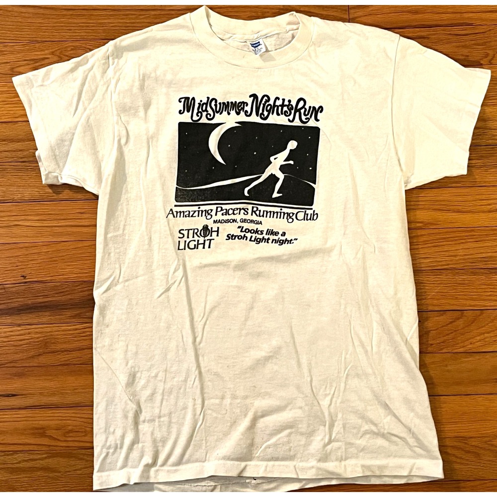 Vintage 80s Hanes Stroh Light Midsummer Nights Run T-Shirt Madison GA Beige L